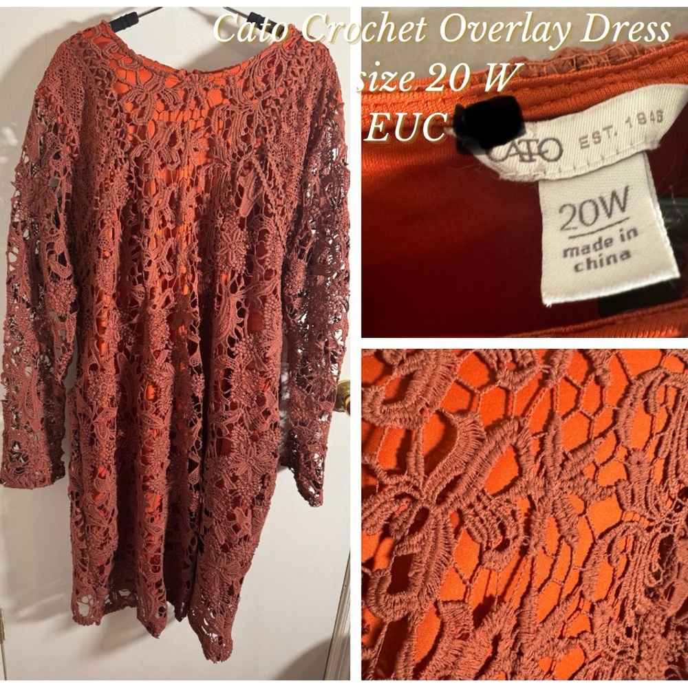 Cato Orange Long Sleeve Crochet overlay Dress